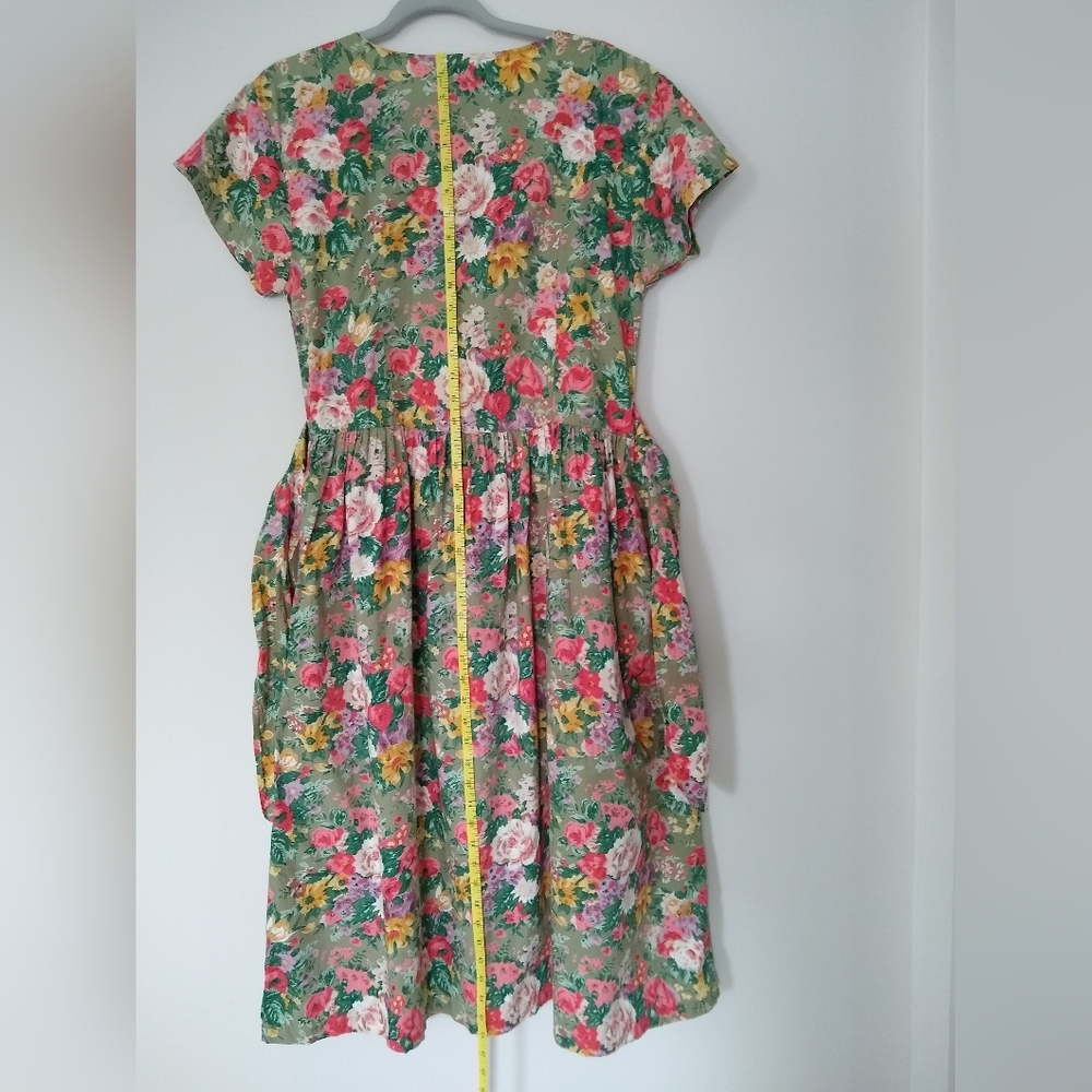 Vintage 90's Erika Cotton Green Multicolor Floral Cottage Midi Dress Sz Lg - Picture 3 of 9